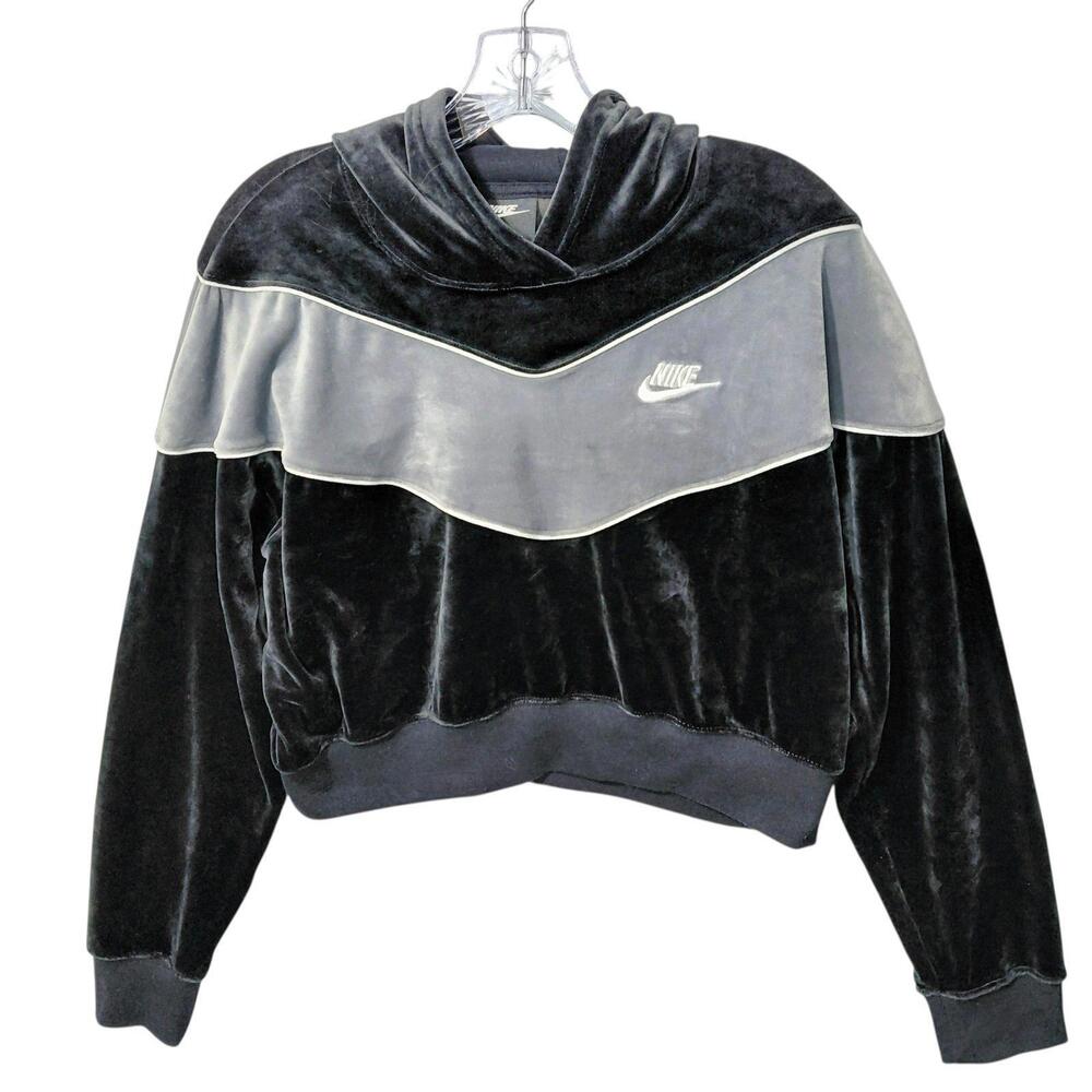 Nike Women's Medium Black + Grey Velour Cropped Sportswear Hooded Sweatshirt